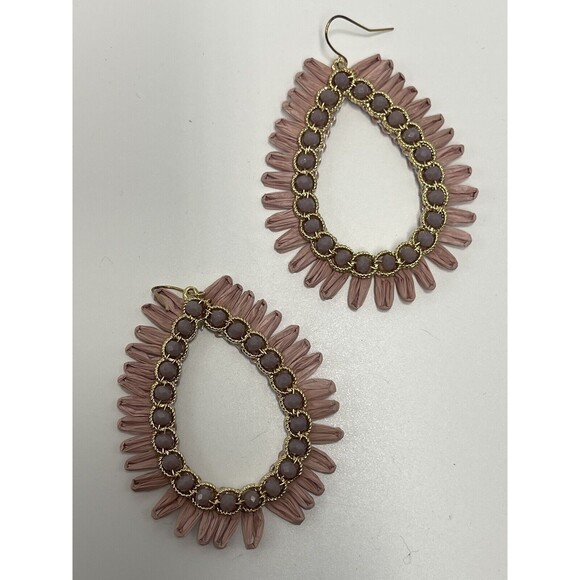 Natasha Beaded Raffia Large Teardrop Statement Earrings In Dusty Rose New - Picture 6 of 7